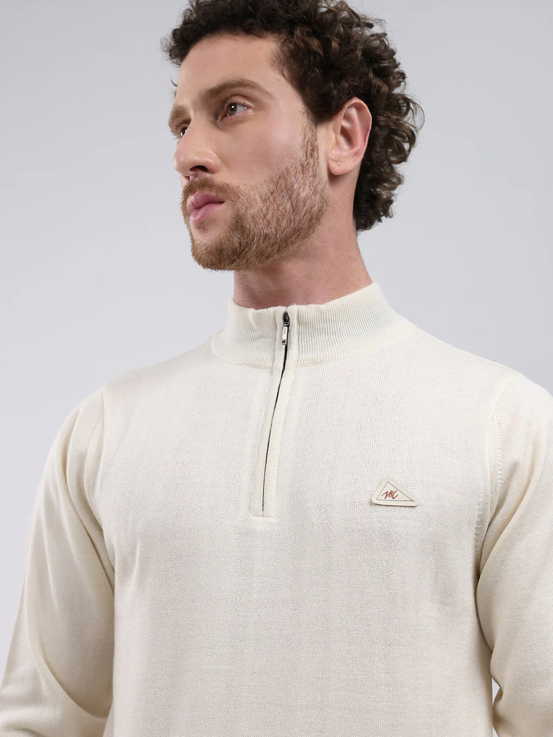 Men Cream Solid Mock Neck Full Sleeve Pullover - Image 6