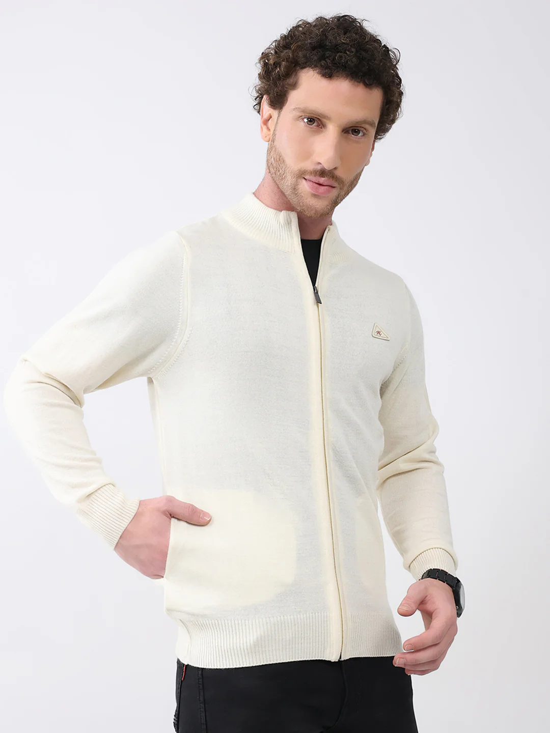 Men Cream Solid Mock Neck Full Sleeve Pullover - Image 3