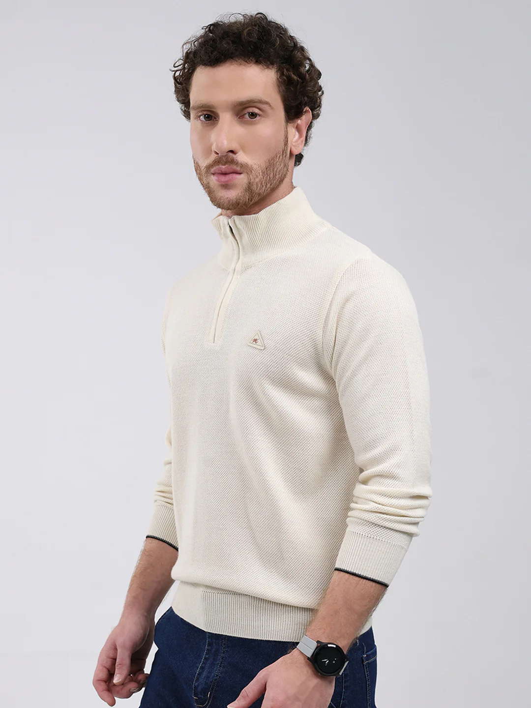 Men Cream Solid Mock Neck Full Sleeve Pullover - Image 3