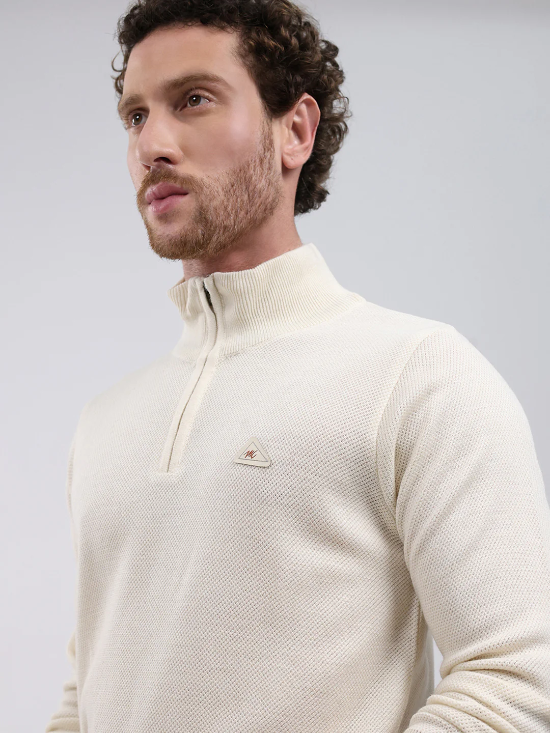 Men Cream Solid Mock Neck Full Sleeve Pullover - Image 7
