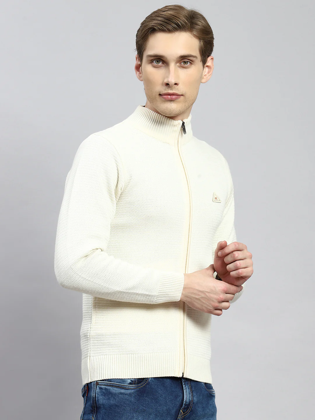 Men Cream Solid Pullover - Image 3