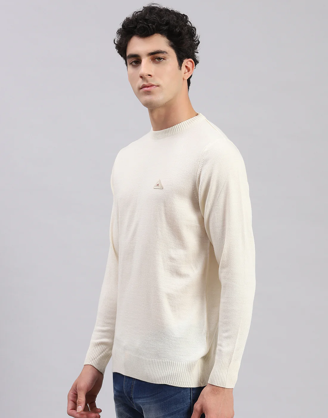 Men Cream Solid Round Neck Full Sleeve Pullover - Image 3