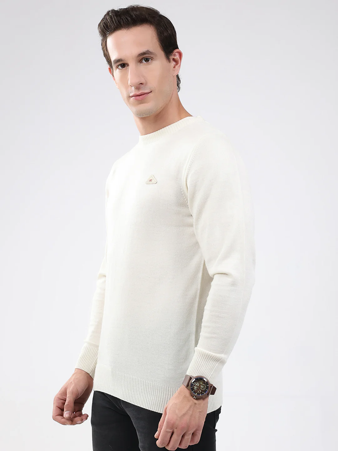 Men Cream Solid Round Neck Full Sleeve Pullover - Image 3