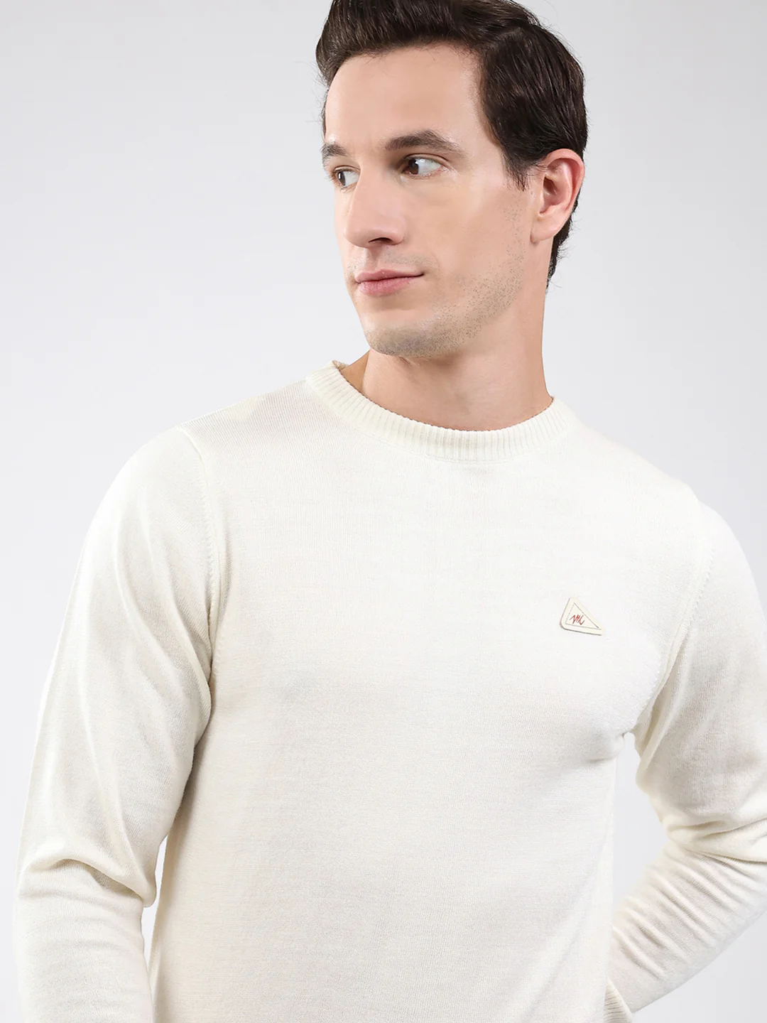 Men Cream Solid Round Neck Full Sleeve Pullover - Image 8