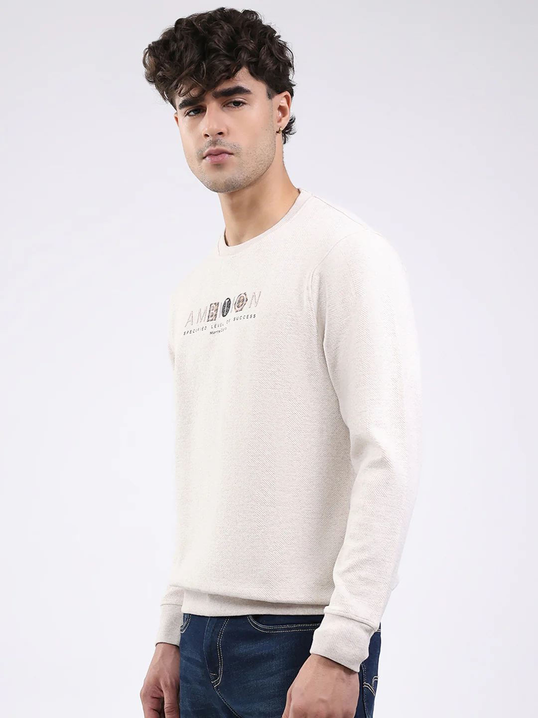 Men Cream Solid Round Neck Full Sleeve Winter T-Shirt - Image 3
