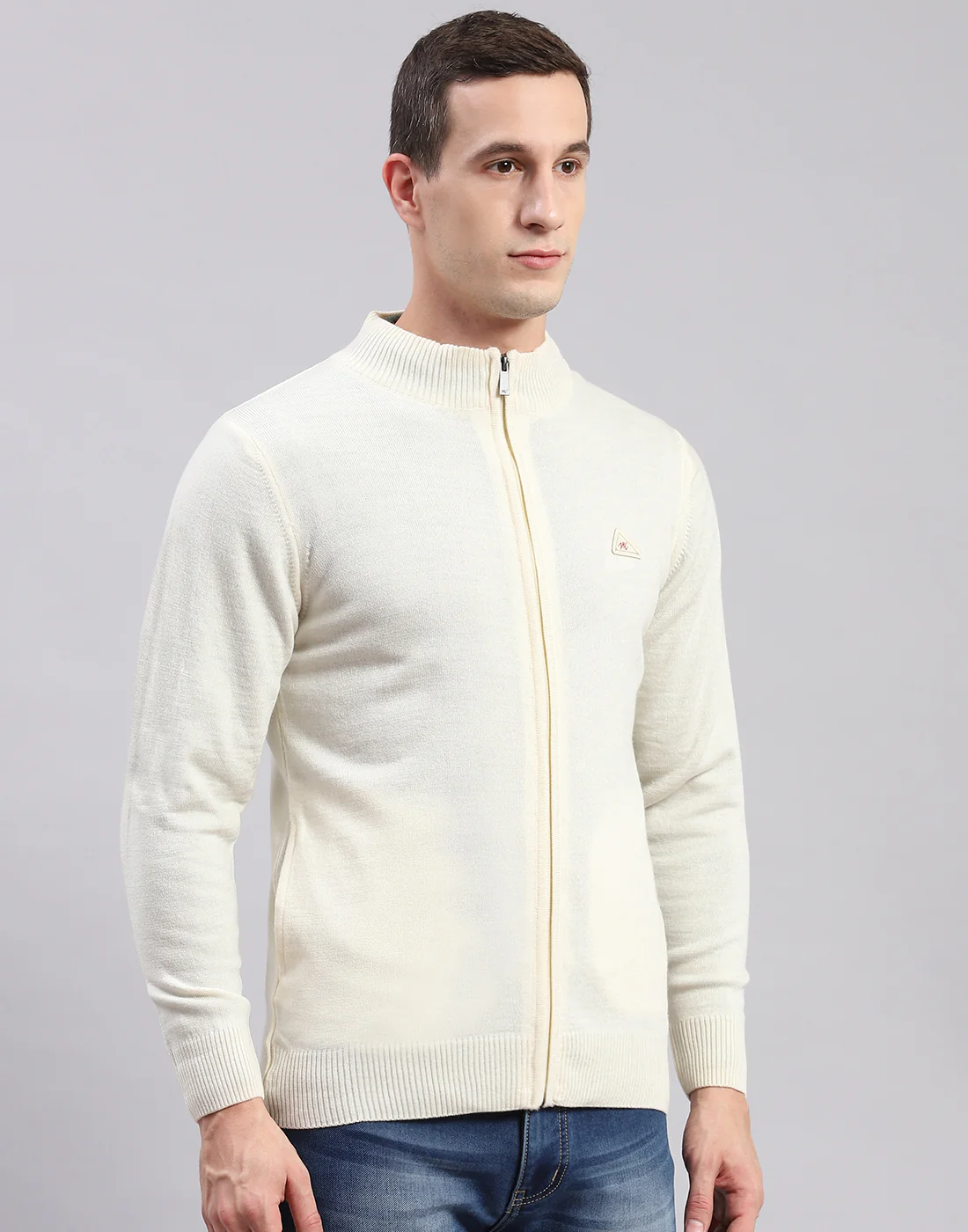 Men Cream Solid Stand Collar Full Sleeve Pullover - Image 3