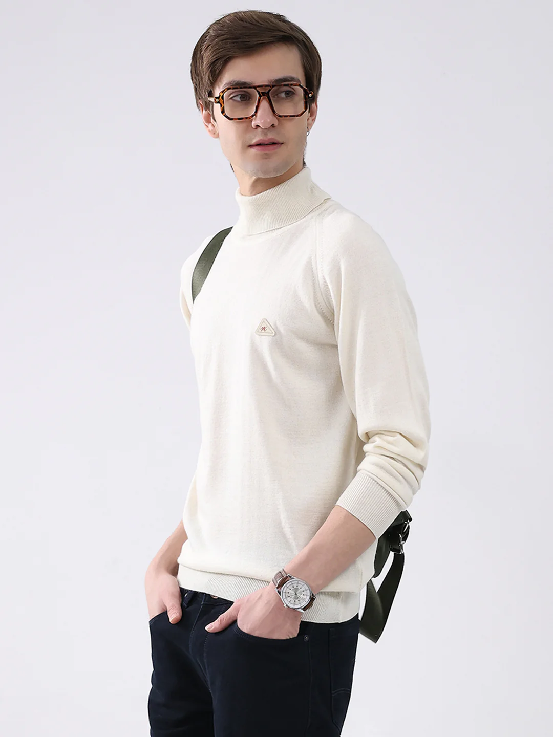 Men Cream Solid Turtle Neck Full Sleeve Pullover - Image 6
