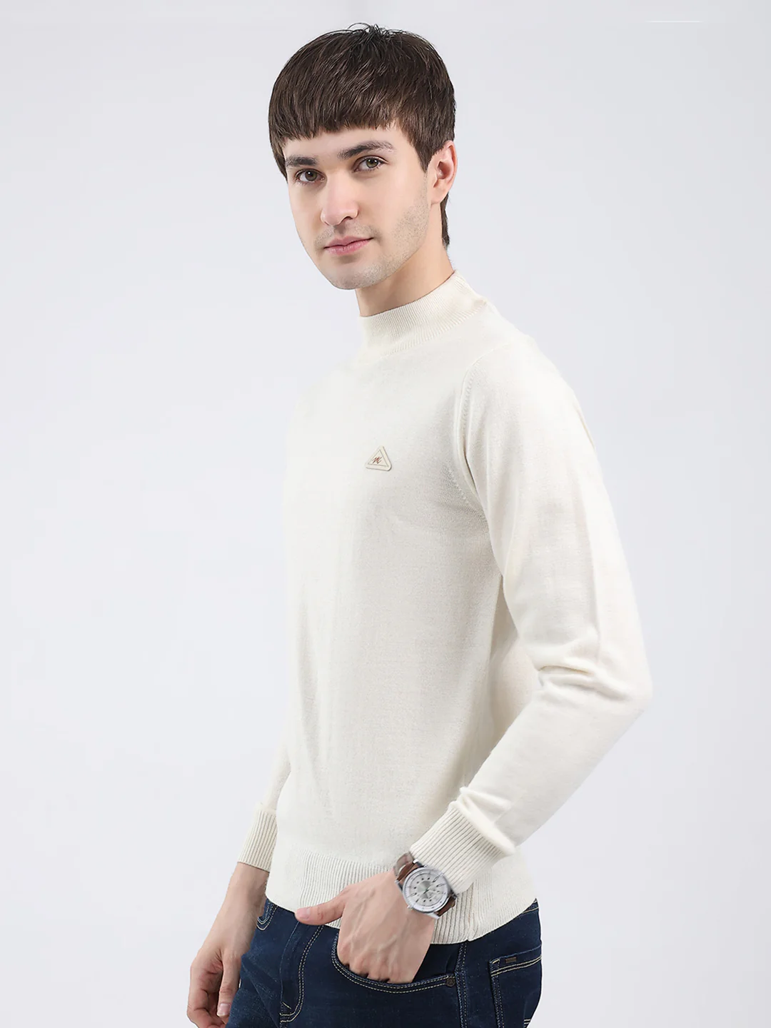 Men Cream Solid Turtle Neck Full Sleeve Pullover - Image 3