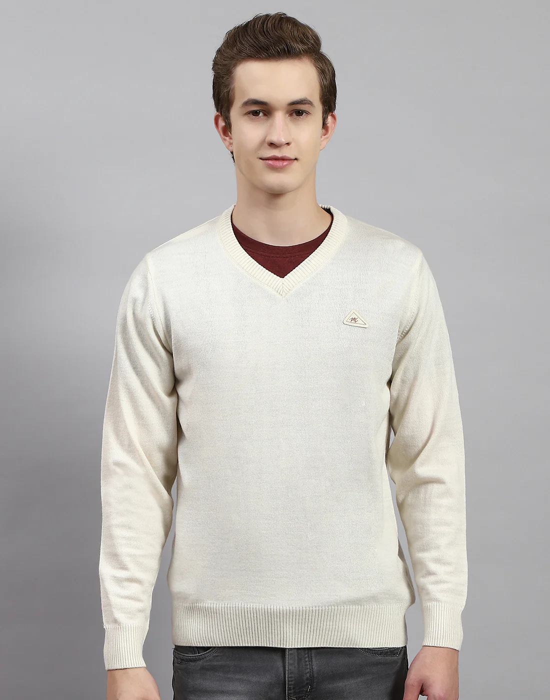 Men Cream Solid V Neck Full Sleeve Pullover - Image 3