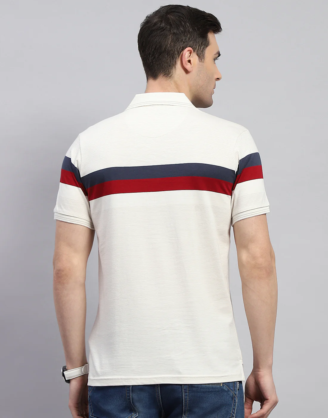 Men Cream Stripe Polo Collar Half Sleeve T-Shirt - Image 5