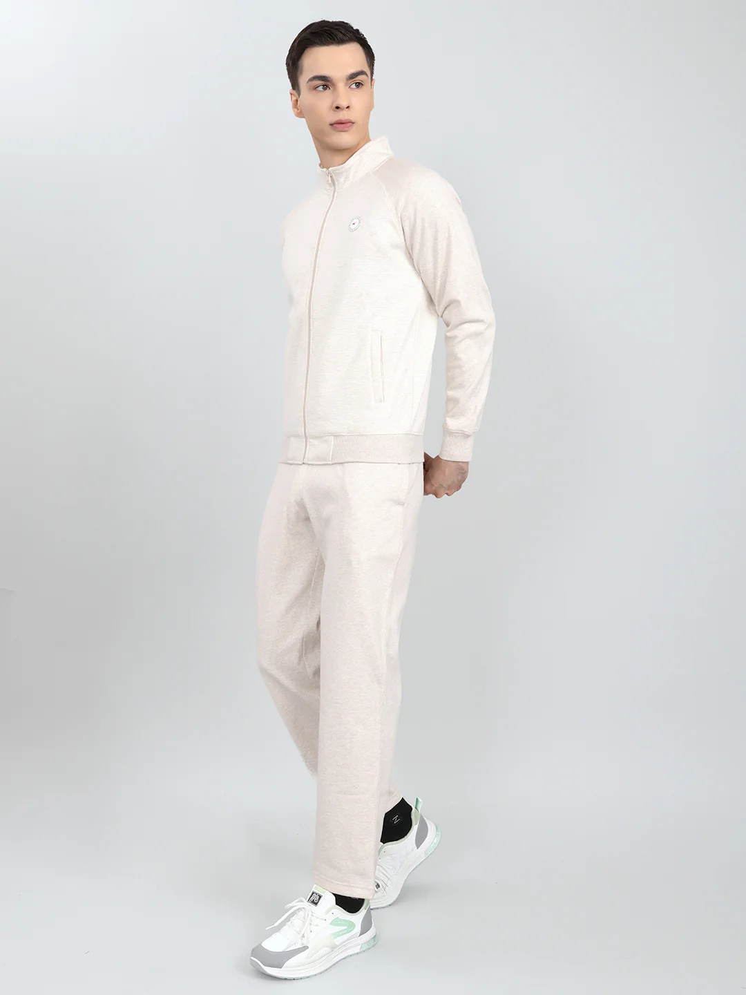 Men Cream Stripe Round Neck Full Sleeve Winter Tracksuit - Image 2