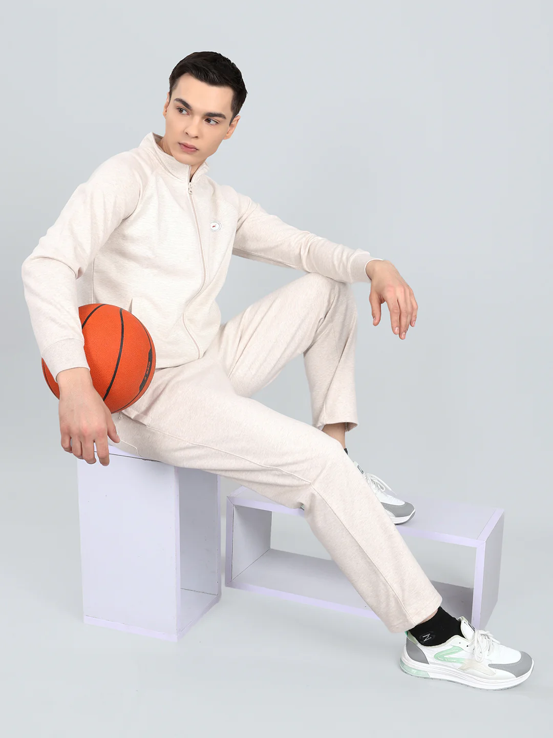 Men Cream Stripe Round Neck Full Sleeve Winter Tracksuit - Image 5