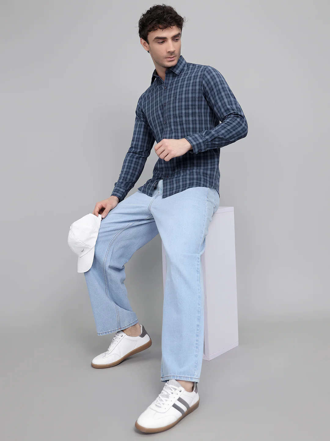 Men Dark Blue Check Collar Full Sleeve Shirt - Image 6