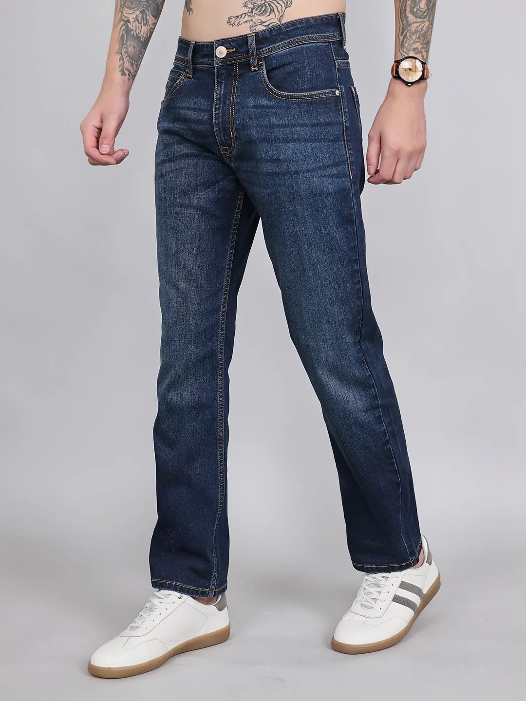 Men Dark Blue Light Wash Straight Fit Denim - Image 2