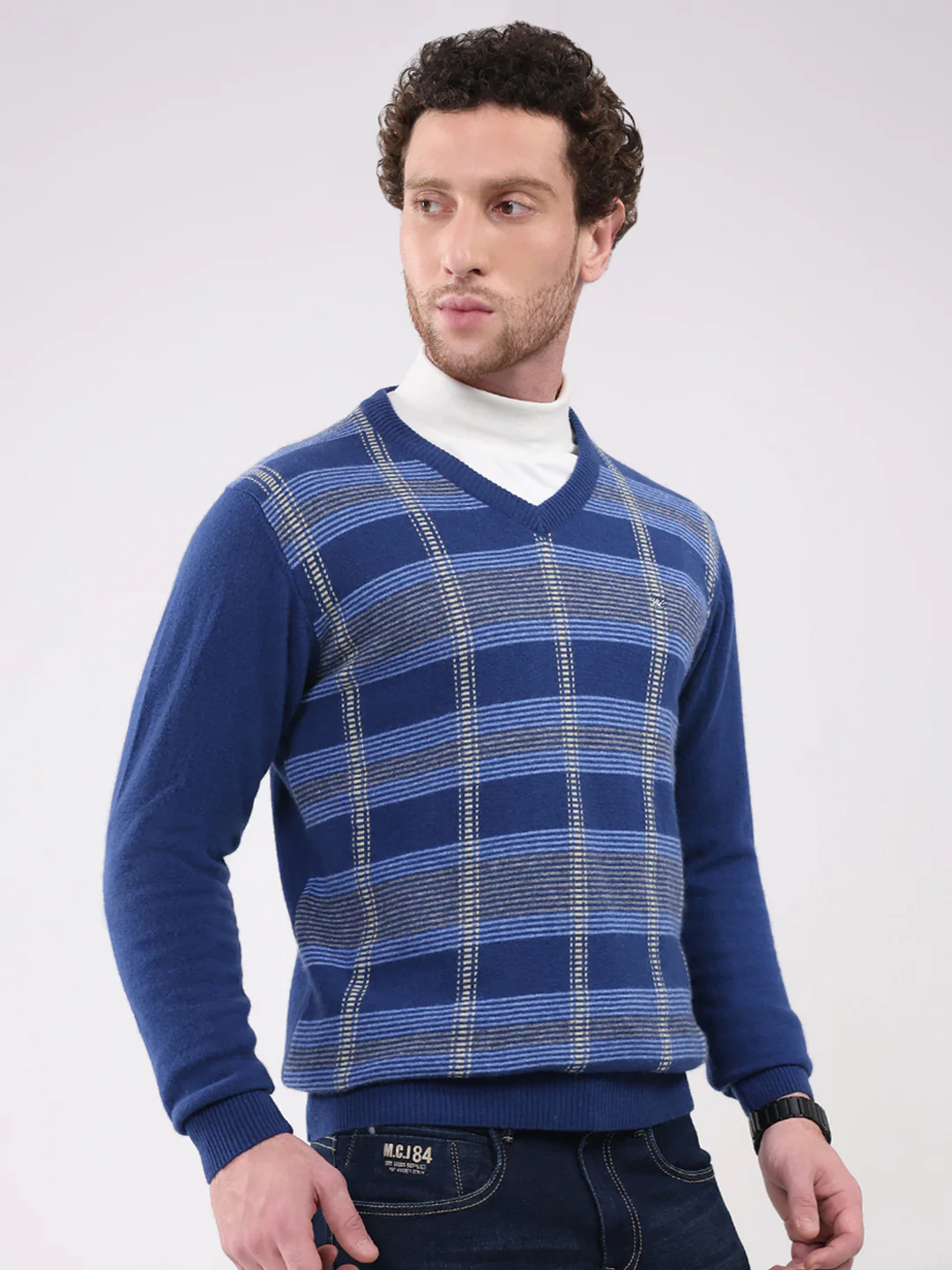 Men Dark Blue Printed V Neck Full Sleeve Pullover - Image 4