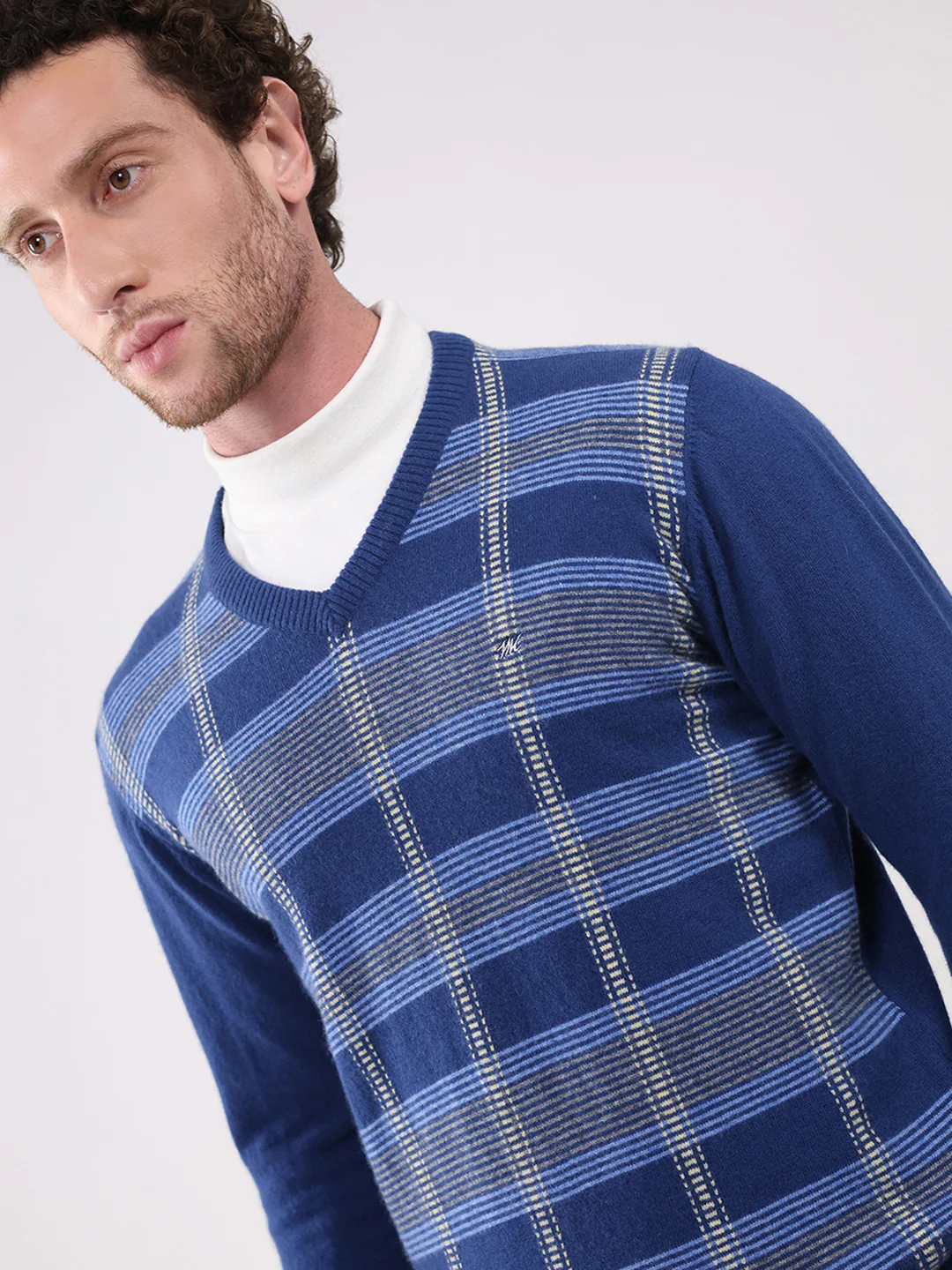 Men Dark Blue Printed V Neck Full Sleeve Pullover - Image 6