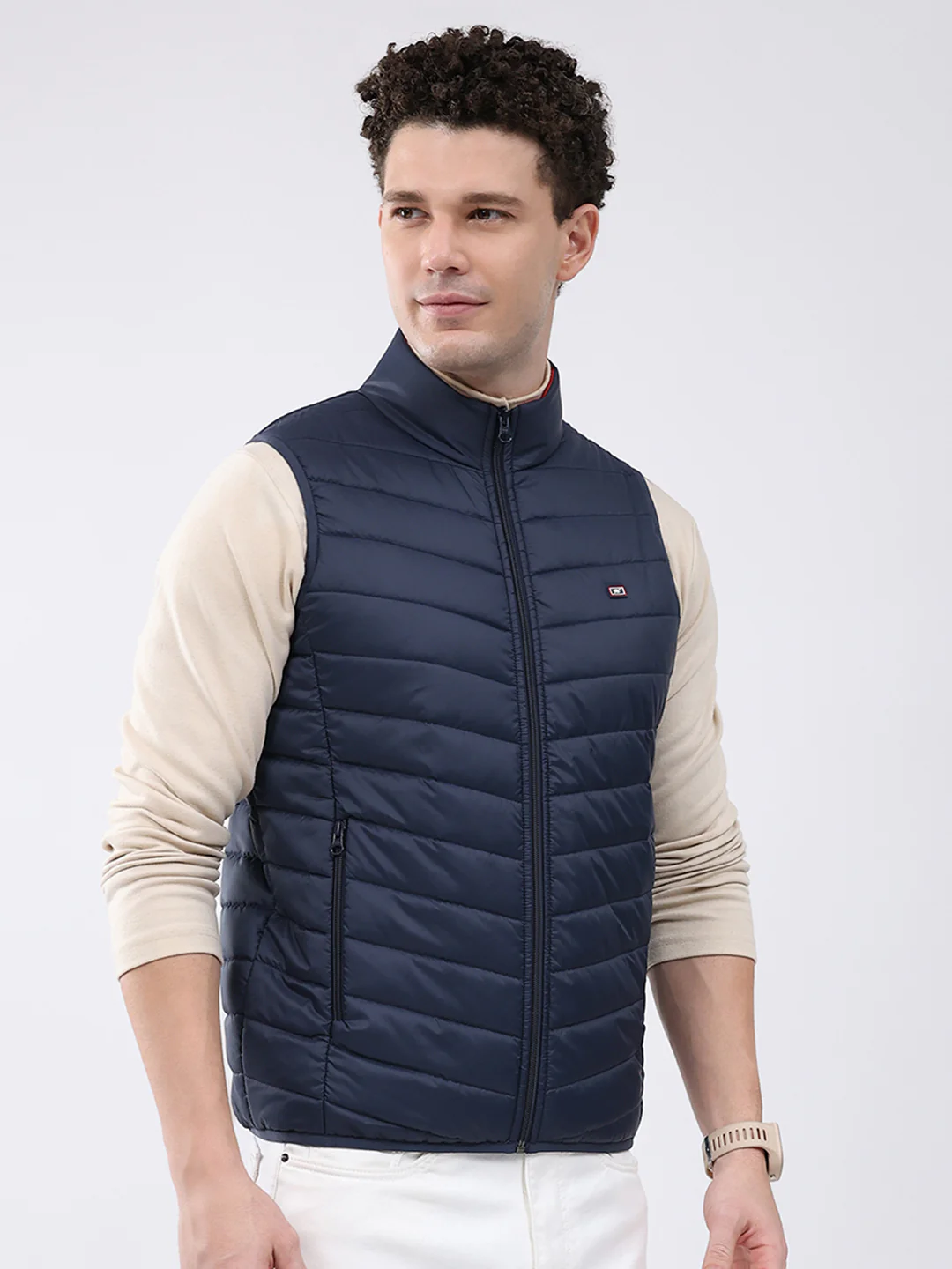 Men Dark Blue Solid Collar Sleeveless Jacket - Image 4