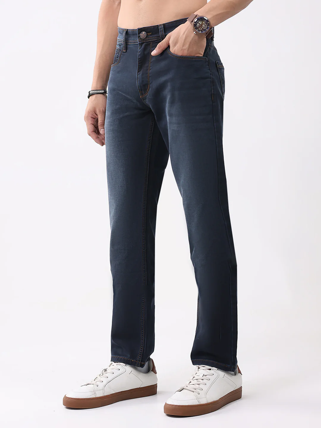 Men Dark Blue Solid Straight Fit Denim - Image 3