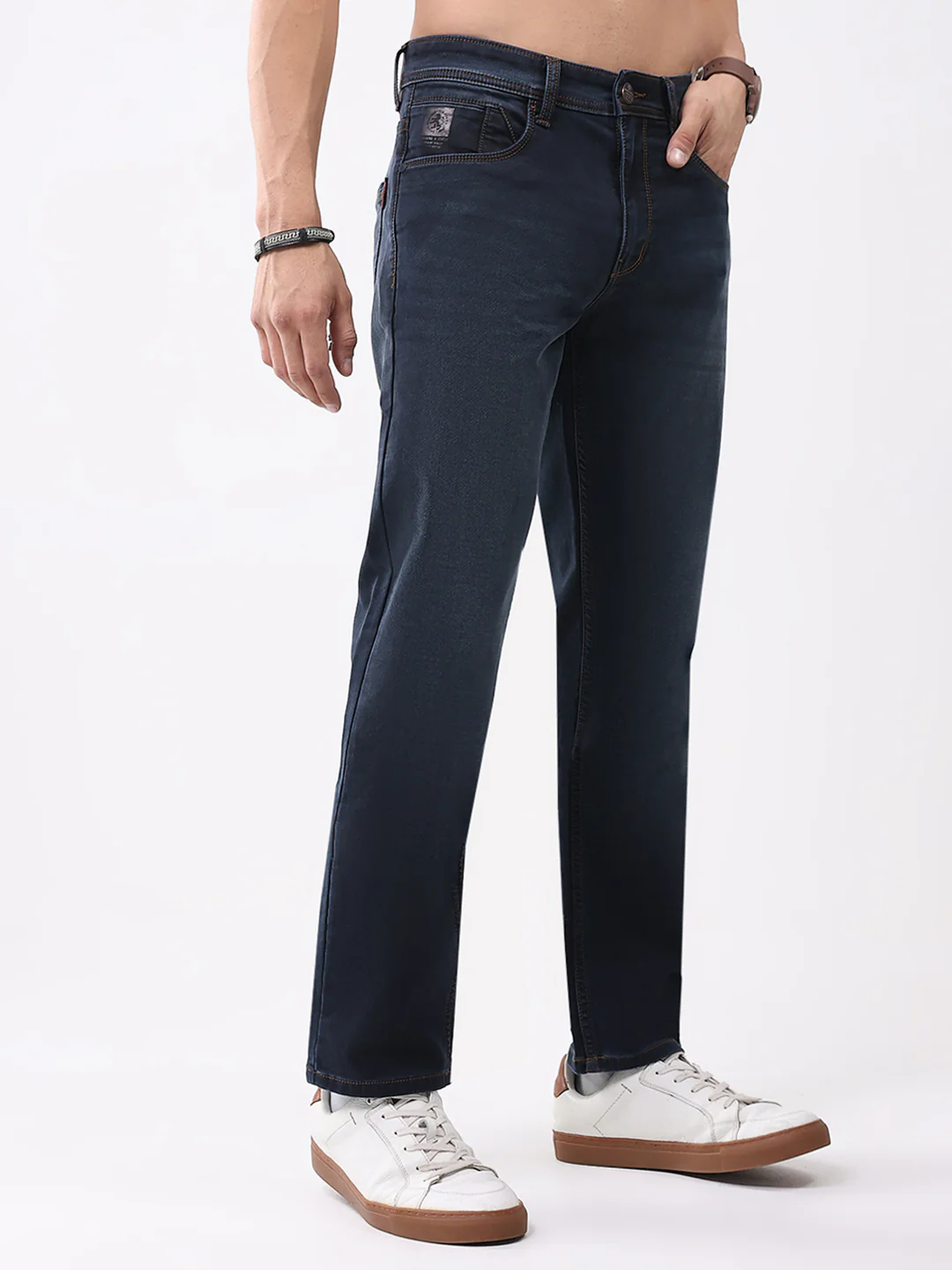 Men Dark Blue Solid Straight Fit Denim - Image 4