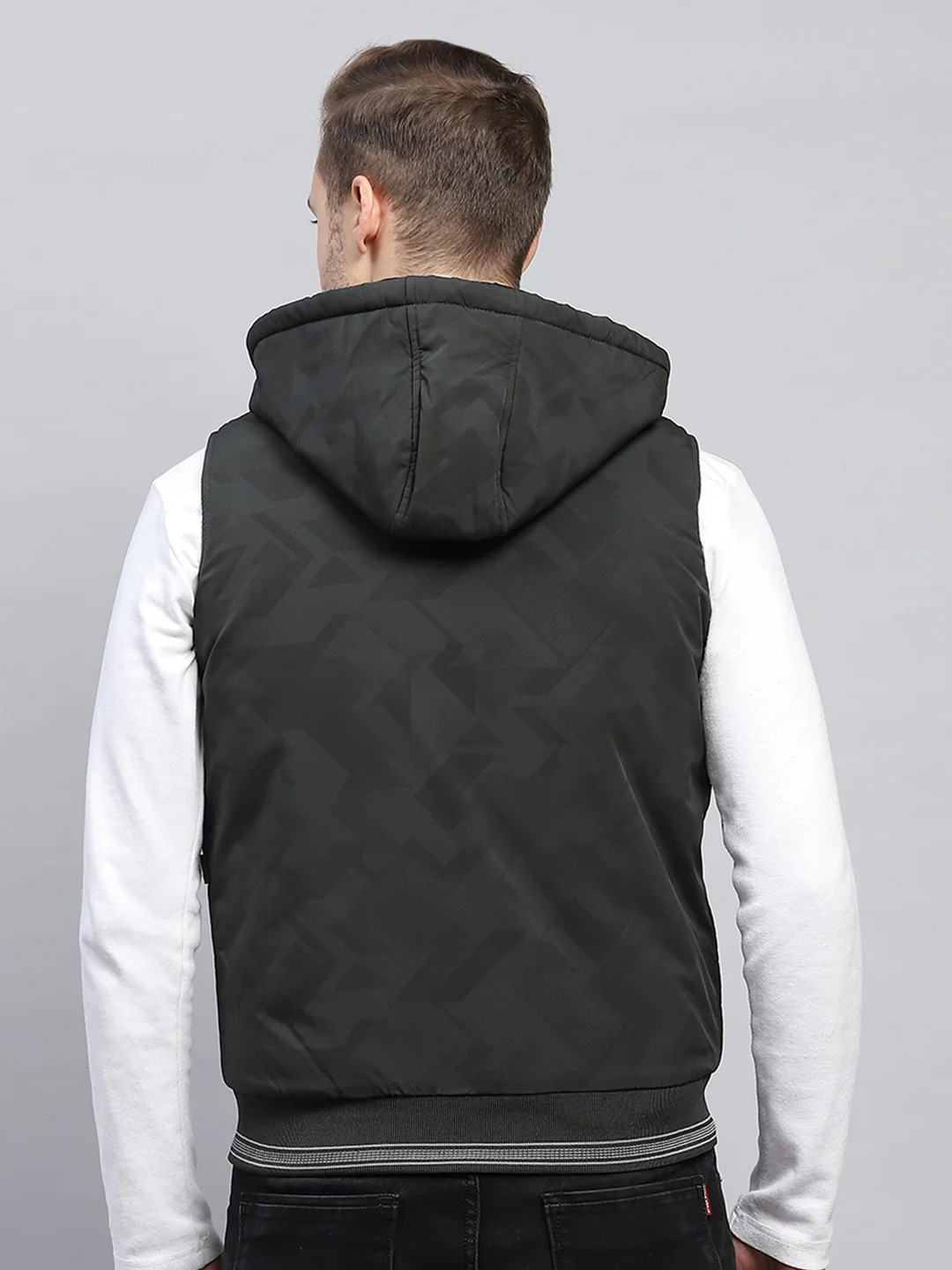 Men Dark Green Printed Hooded Sleeveless Jacket - Image 4