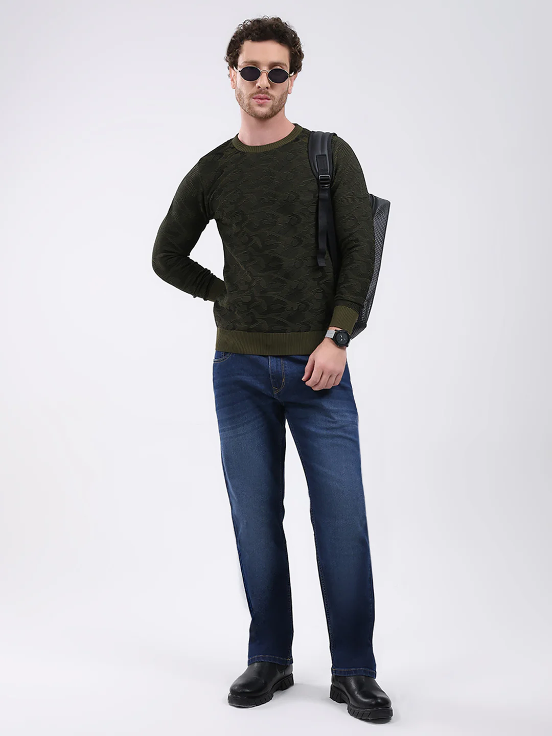 Men Dark Green Self Design Round Neck Full Sleeve Pullover - Image 2