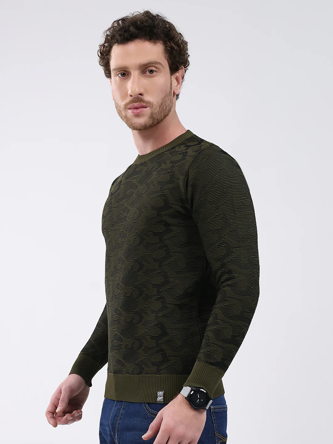 Men Dark Green Self Design Round Neck Full Sleeve Pullover - Image 3