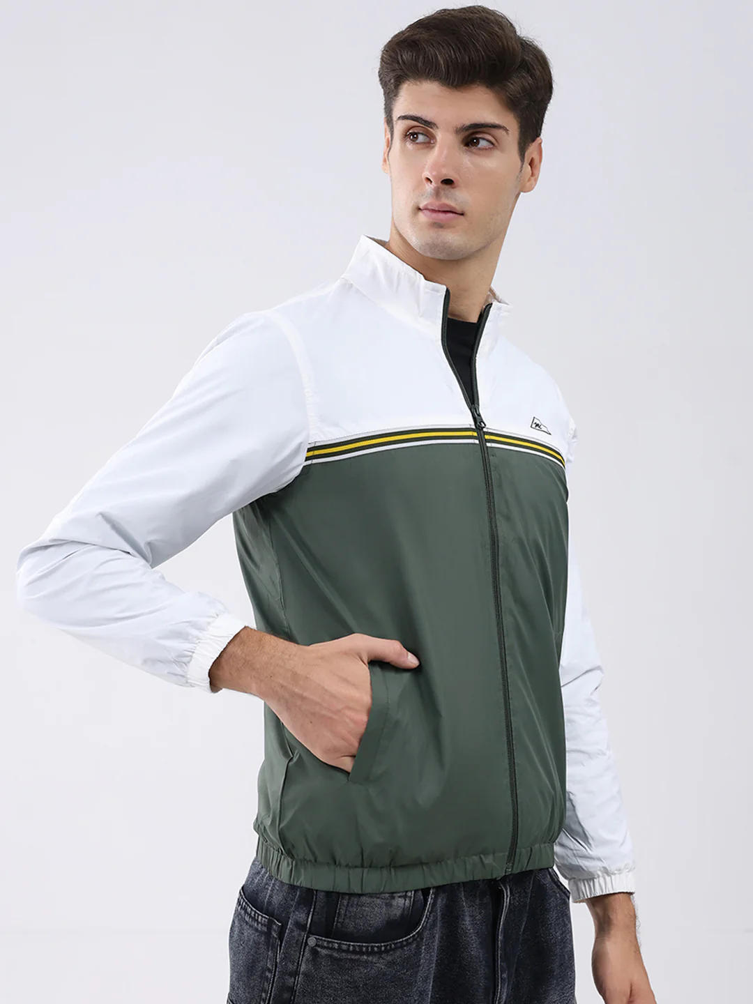Men Dark Green Self Design Stand Collar Full Sleeve Jacket - Image 4