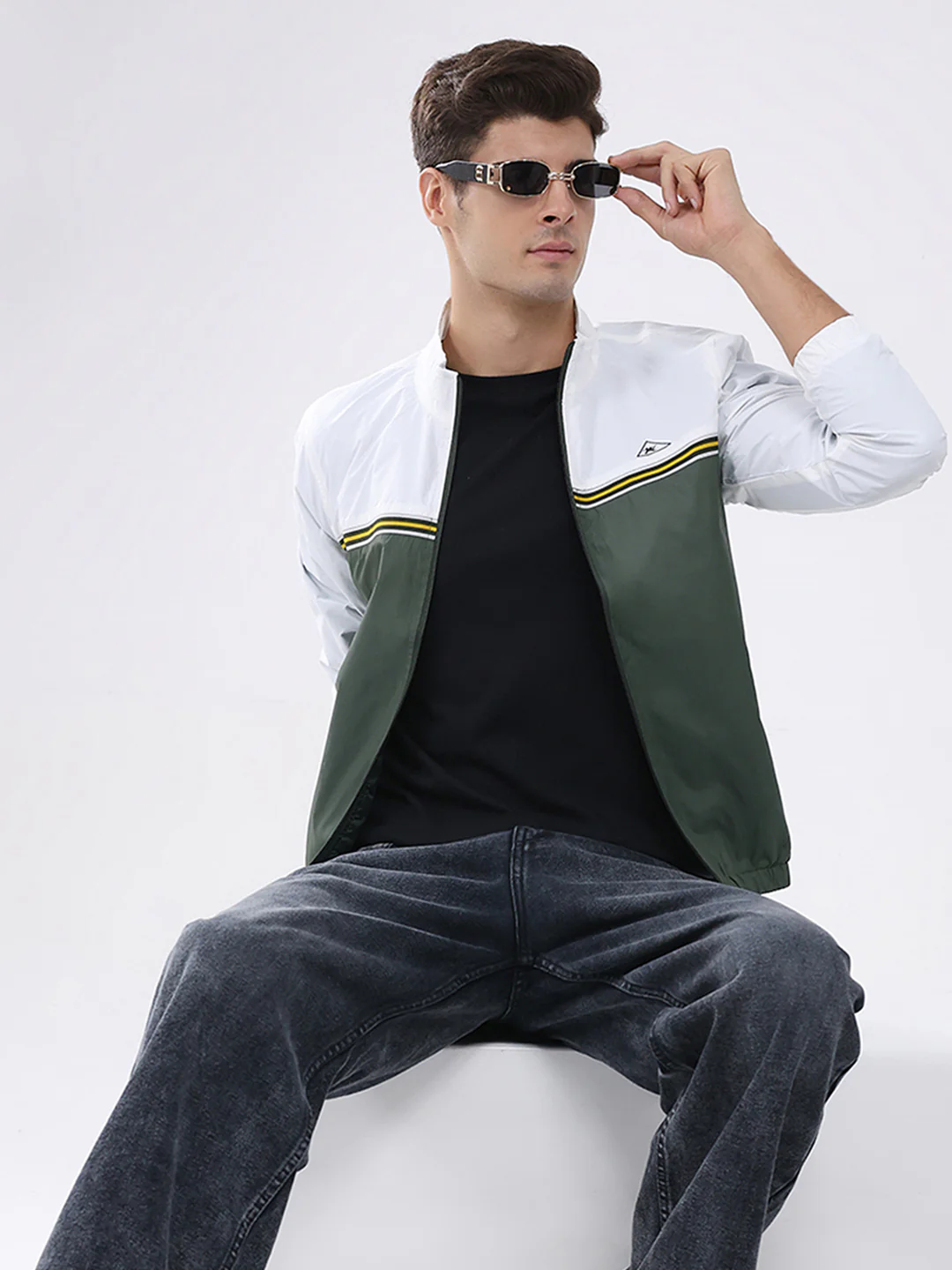 Men Dark Green Self Design Stand Collar Full Sleeve Jacket - Image 6