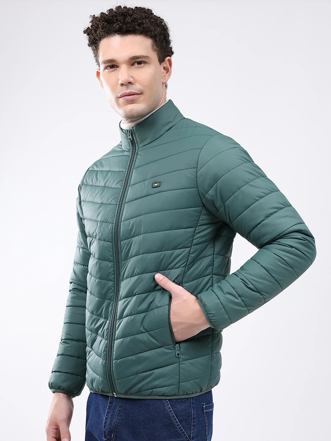 Men Dark Green Solid Collar Full Sleeve Jacket - Image 3
