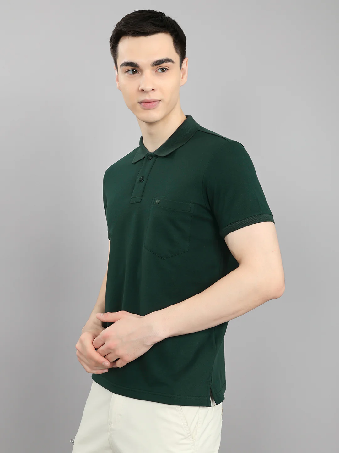 Men Dark Green Solid Collar Half Sleeve T-Shirt - Image 2