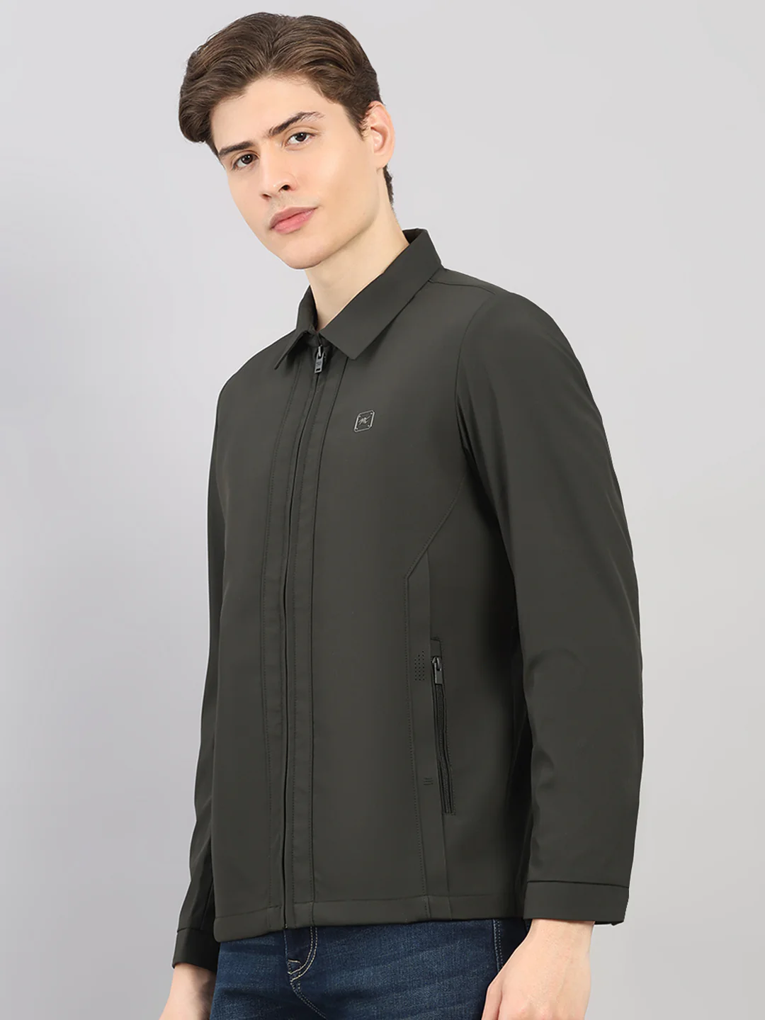 Men Dark Green Solid Stand Collar Full Sleeve Jacket - Image 3