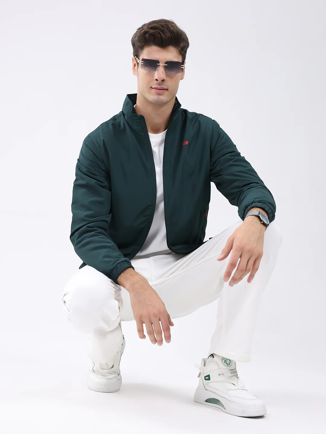 Men Dark Green Solid Stand Collar Full Sleeve Jacket - Image 2