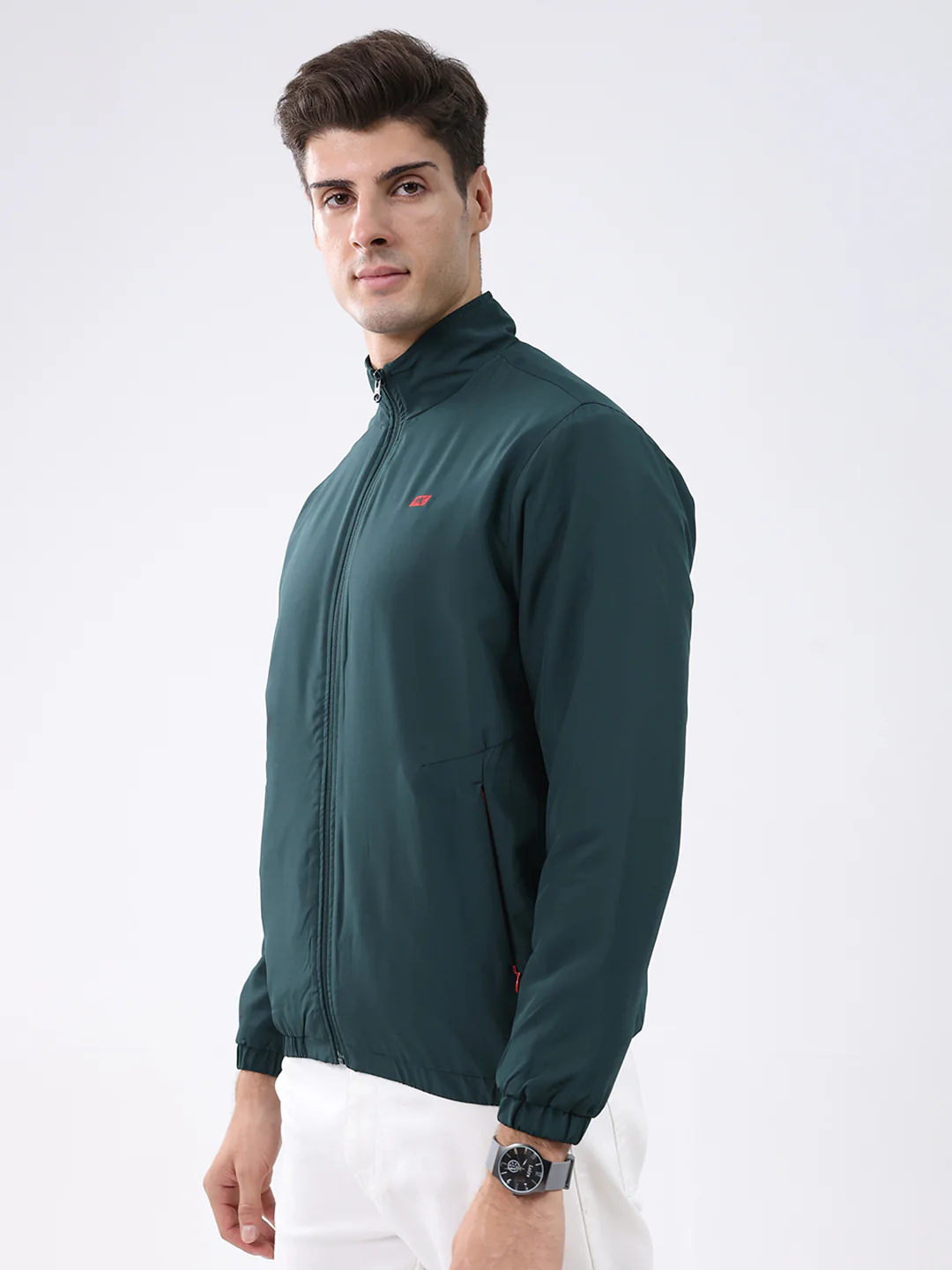 Men Dark Green Solid Stand Collar Full Sleeve Jacket - Image 3