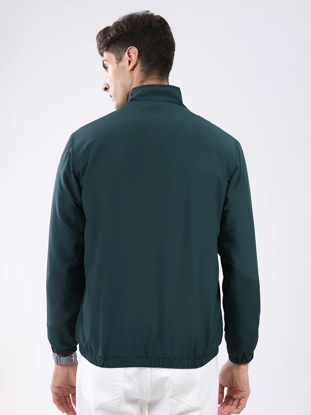 Men Dark Green Solid Stand Collar Full Sleeve Jacket - Image 5