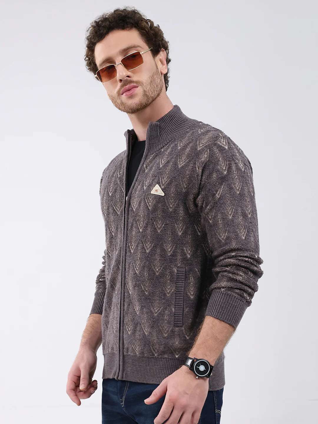 Men Dark Grey Self Design Mock Neck Full Sleeve Pullover - Image 3