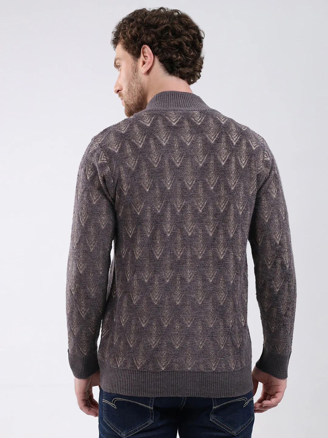 Men Dark Grey Self Design Mock Neck Full Sleeve Pullover - Image 5