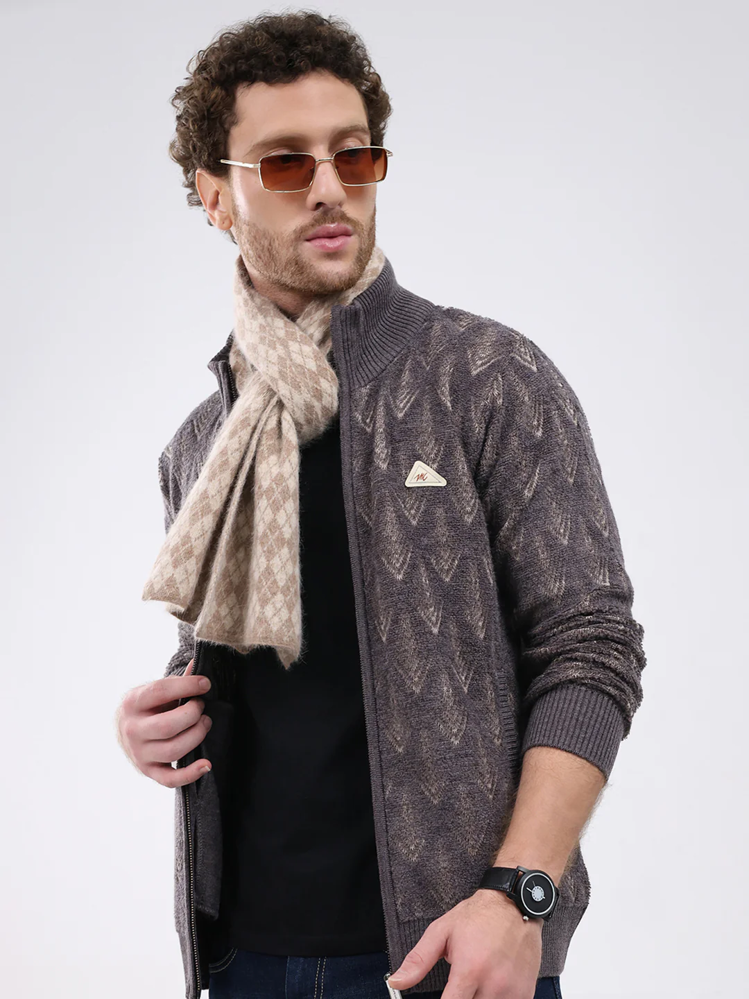 Men Dark Grey Self Design Mock Neck Full Sleeve Pullover - Image 6