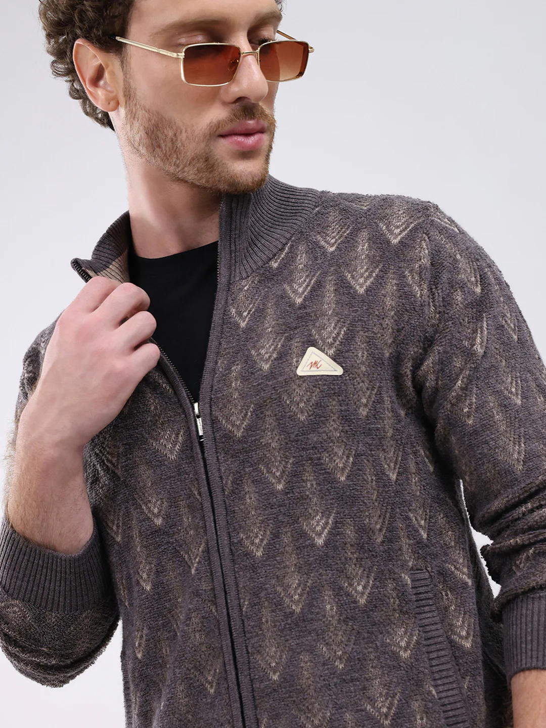 Men Dark Grey Self Design Mock Neck Full Sleeve Pullover - Image 7