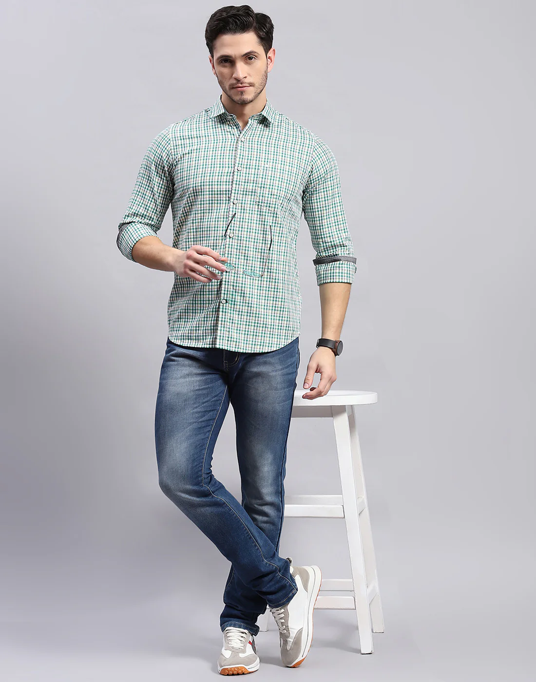 Men Green Check Collar Full Sleeve Shirt - Image 2