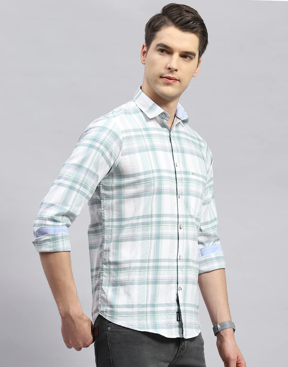 Men Green Check Collar Full Sleeve Shirt - Image 5