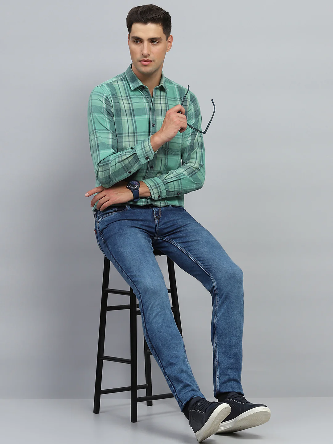 Men Green Check Collar Full Sleeve Shirt - Image 2