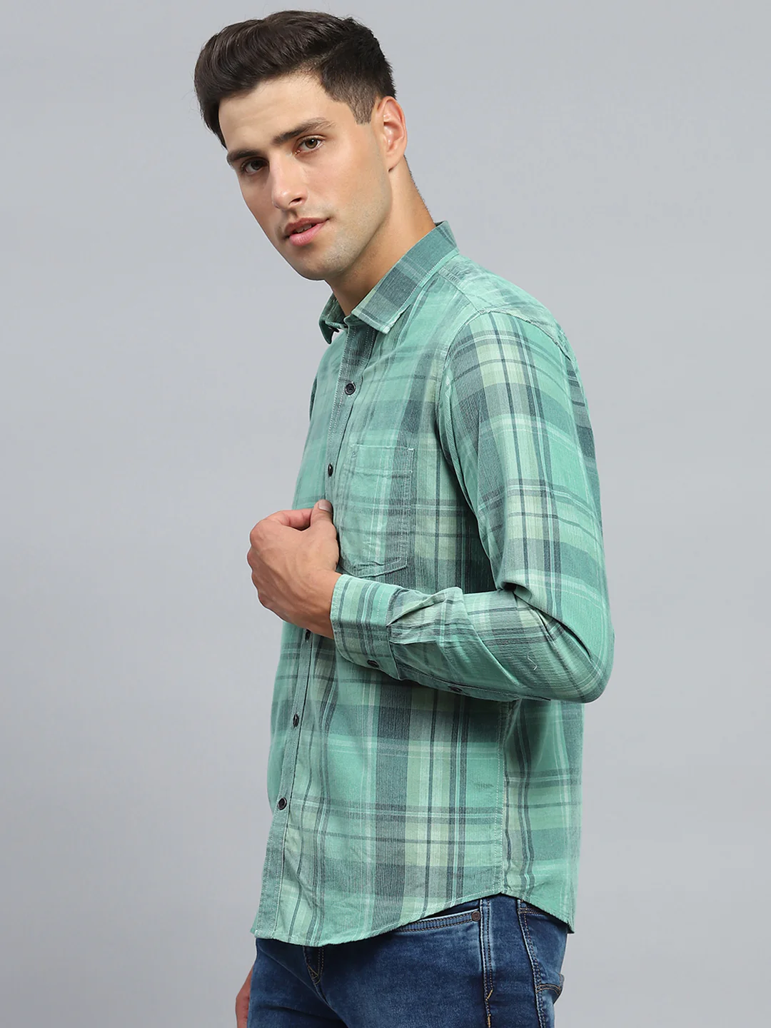 Men Green Check Collar Full Sleeve Shirt - Image 3