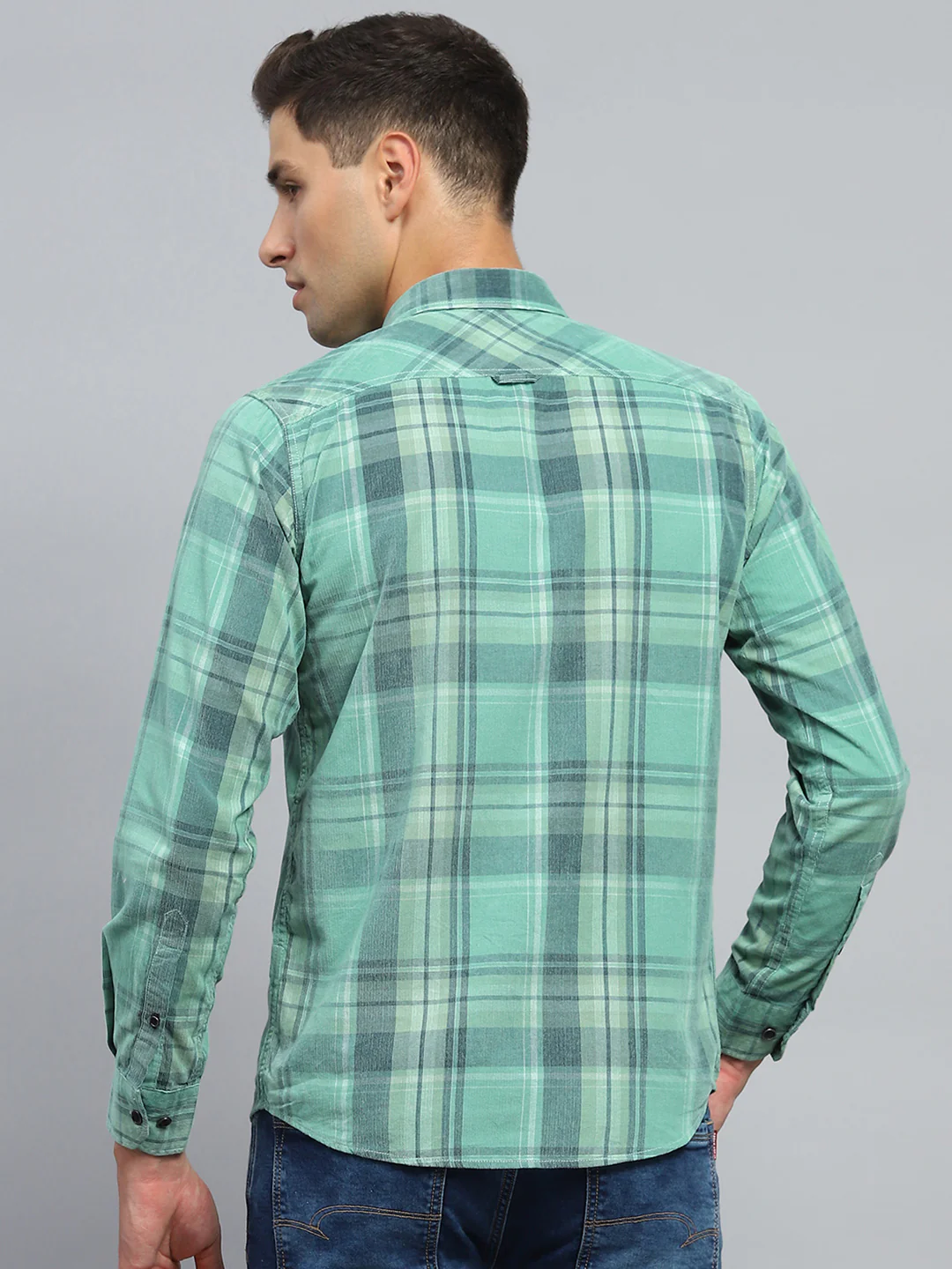 Men Green Check Collar Full Sleeve Shirt - Image 5
