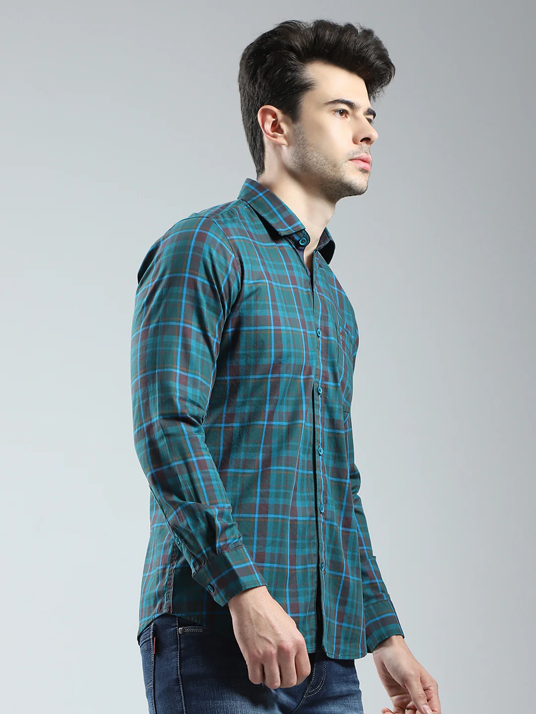 Men Green Check Collar Full Sleeve Shirt - Image 4