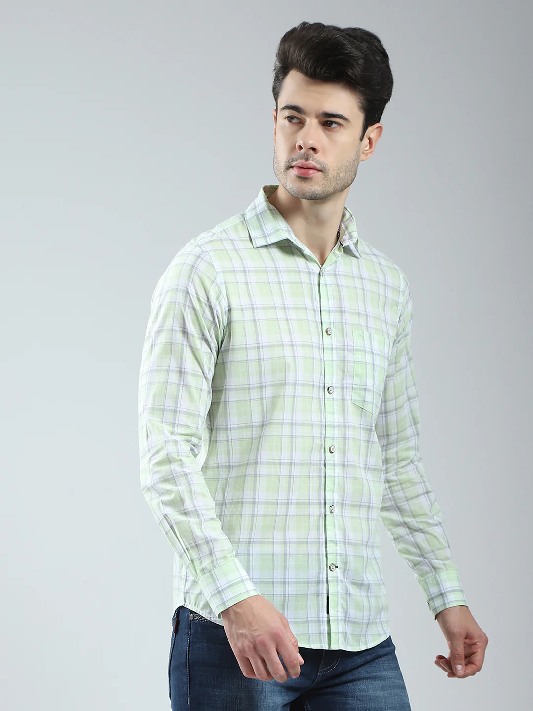 Men Green Check Collar Full Sleeve Shirt - Image 4