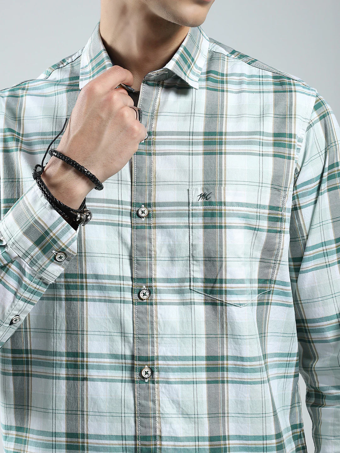 Men Green Check Collar Full Sleeve Shirt - Image 6