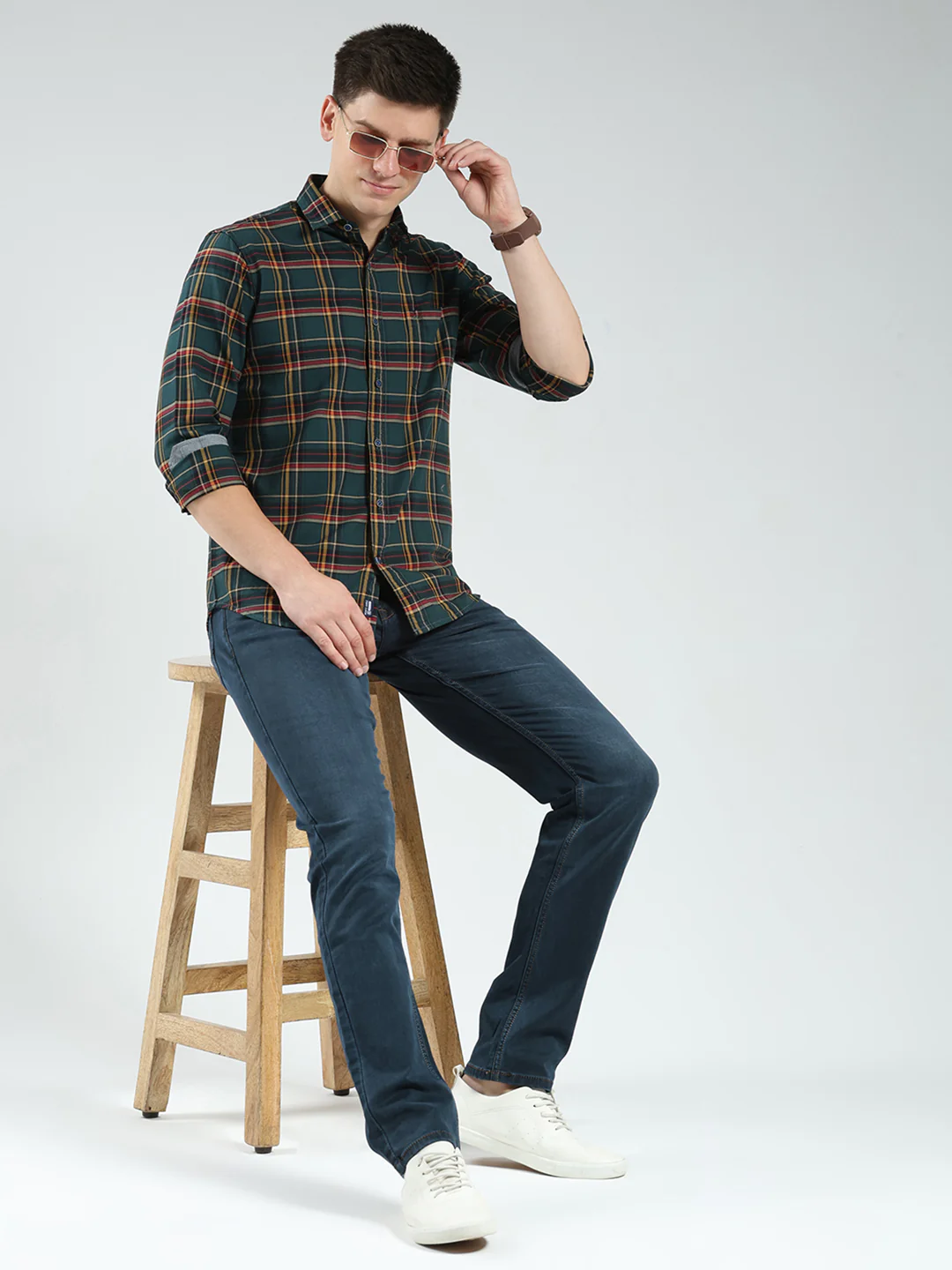Men Green Check Collar Full Sleeve Shirt - Image 2