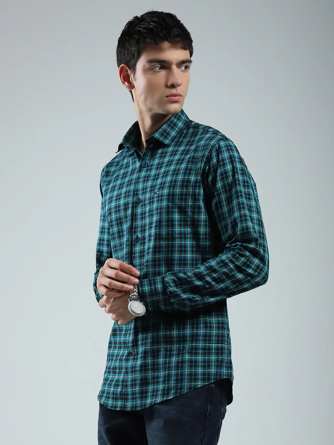 Men Green Check Collar Full Sleeve Shirt - Image 3