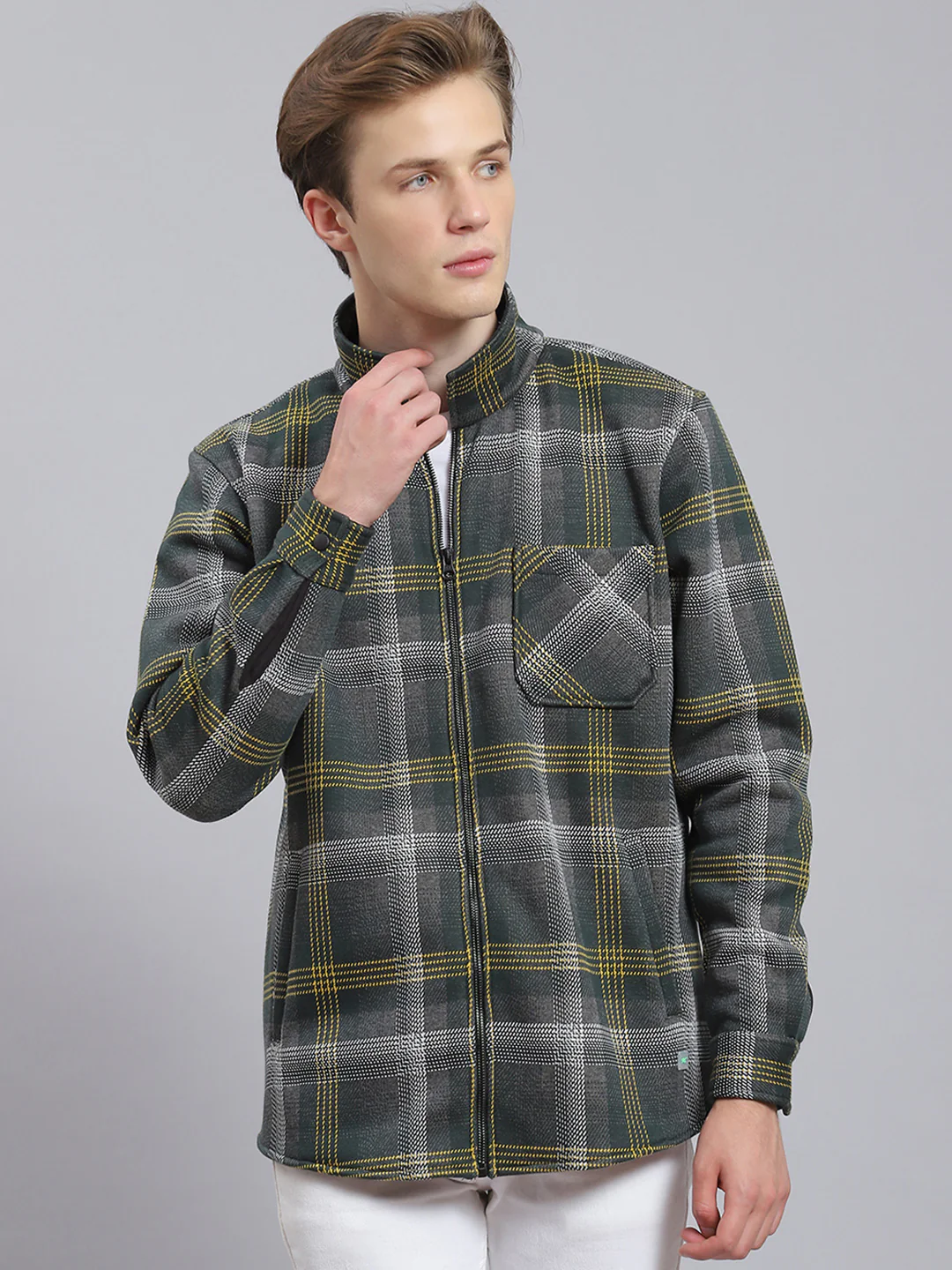 Men Green Check Collar Full Sleeve Sweatshirt - Image 5