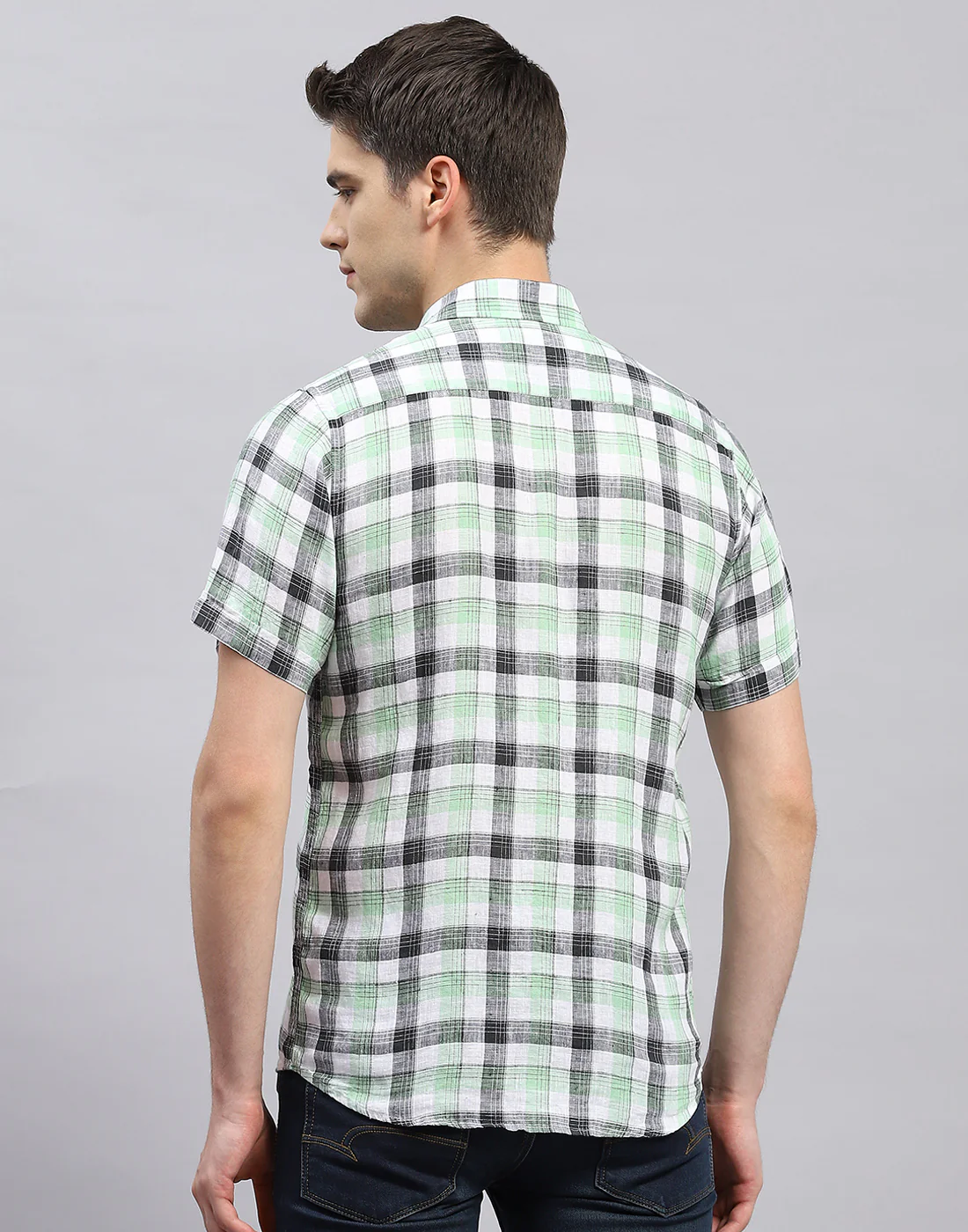 Men Green Check Collar Half Sleeve Linen Shirt - Image 5